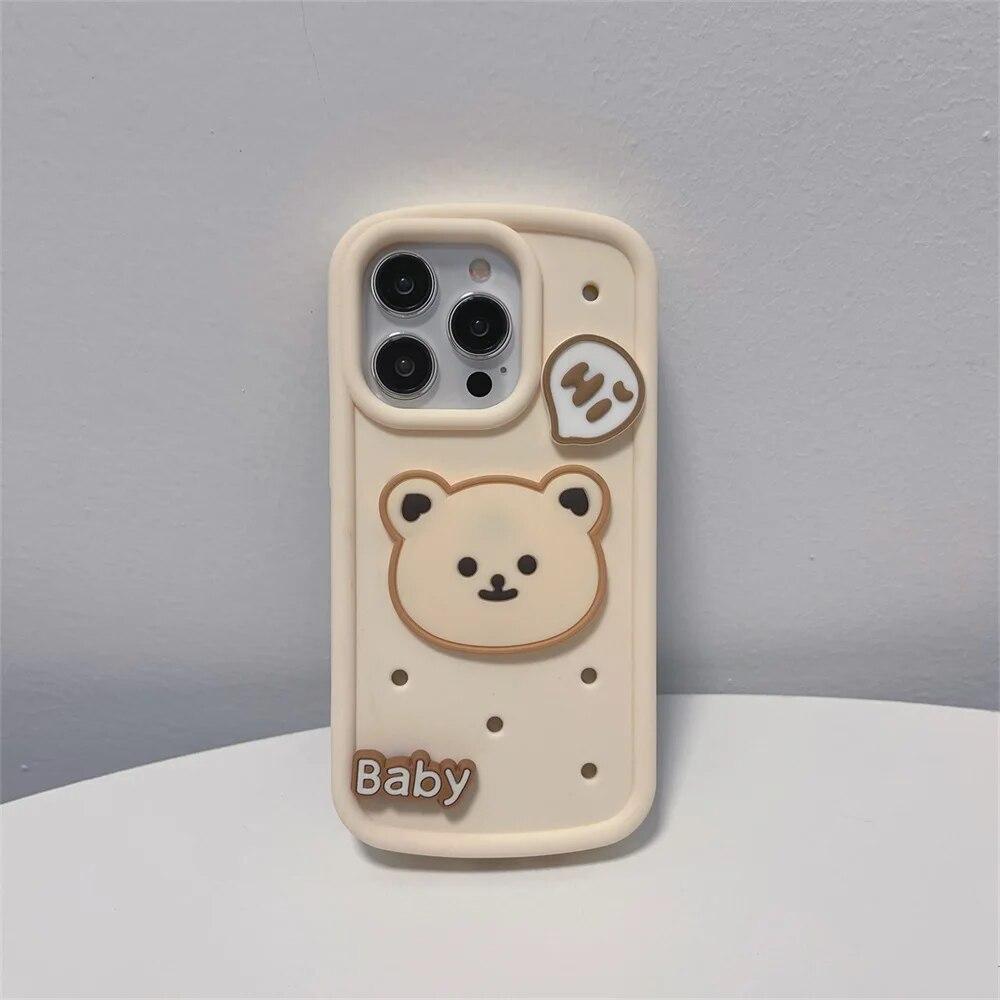 Capa de telefone coreana fofa com urso 3D café para iPhone 15 14 Pro Mac para iPhone 13 11 12 Pro Max capa protetora macia à prova de choque