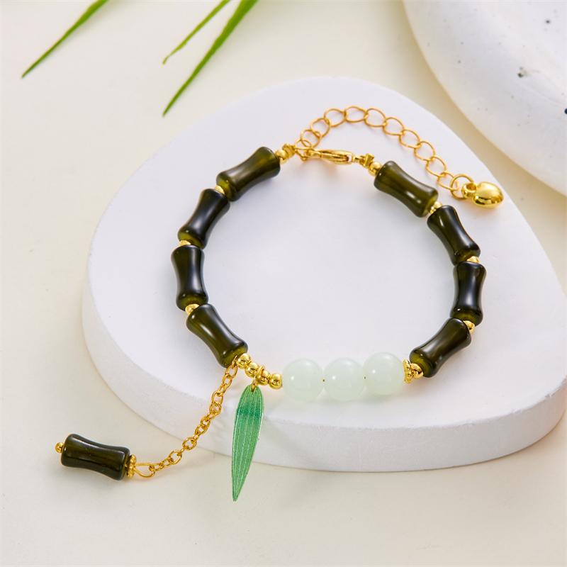 Elegant Green Bamboo Joint Beaded Bracelet for Women Chinese Style Charm Flower Pendant Bracelet Student Zircon Accessories
