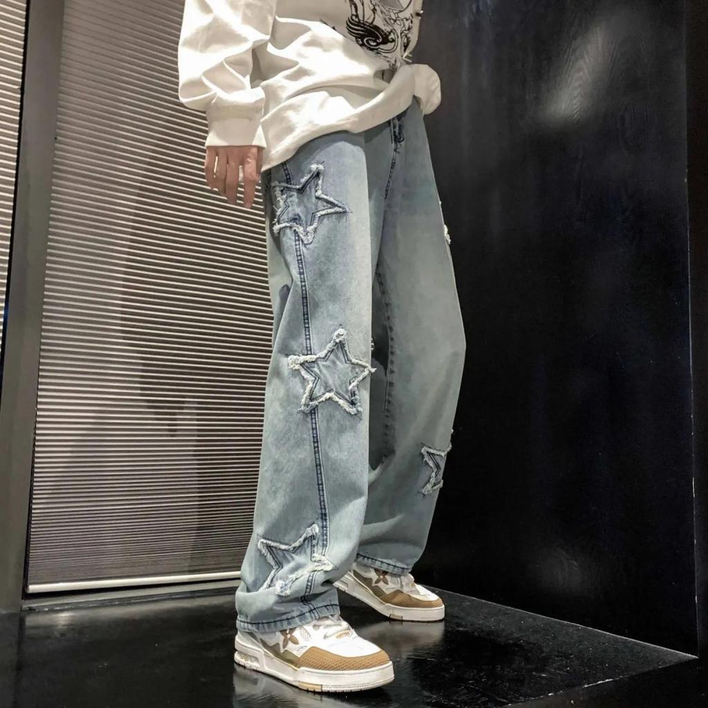 Spring and Autumn Men's Stars Towel Embroidery Brown Men Jeans Pants Clothes Straight Hip Hop Trousers