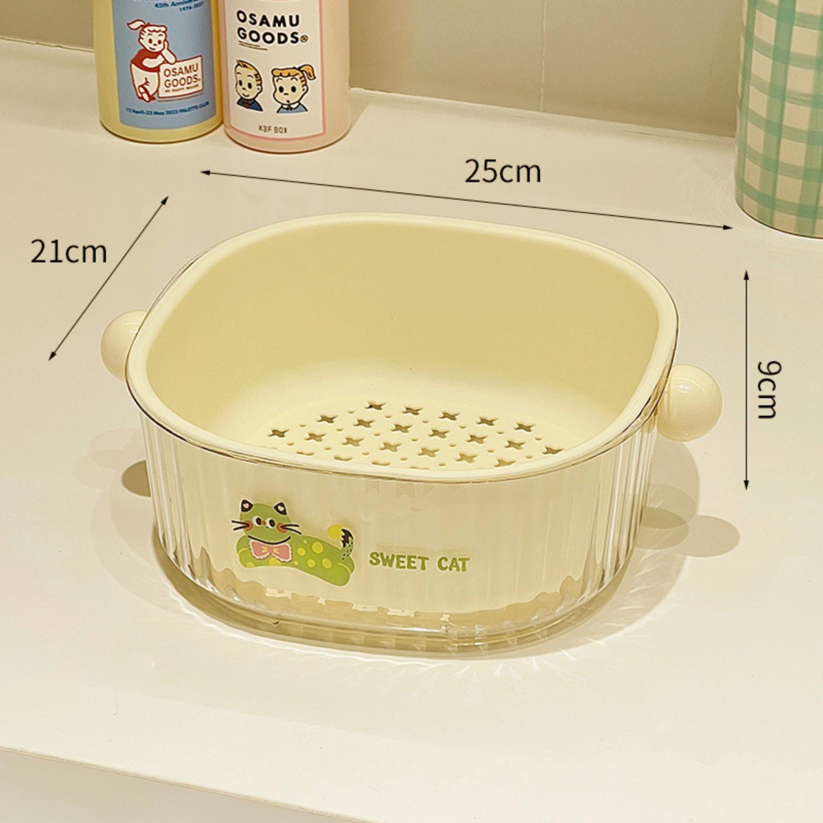 

Large Double Layer Draining Basket Kitchen Colander Vegetable Fruit Washing Basket Durable Plastic Strainer with Handle for Household Use One Size бежевый