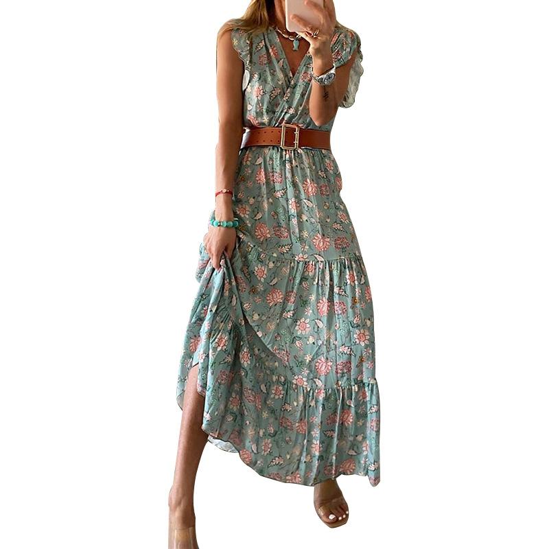 Spot Summer Fashion Women s V-Neck Sleeveless Bohemian Print Medium and Long Dress S