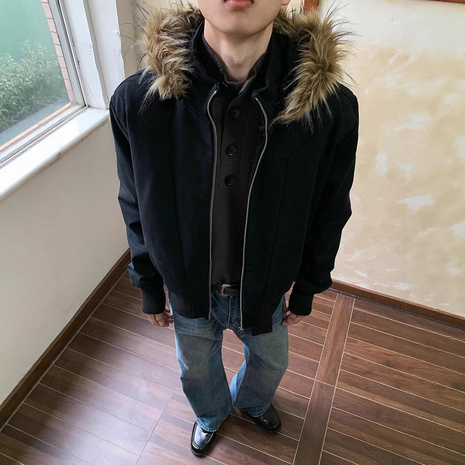 

2025 American Retro Bald Eagle Hooded Fur Collar Men s Winter Cotton Parka M чорний