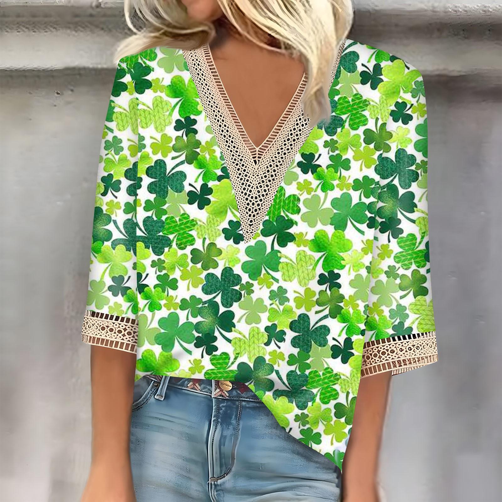

Женский три четверти рукав кружево St. Топ с принтом ко Дню Святого Патрика Модный базовый топ с V-образным вырезом и обычным узором XL