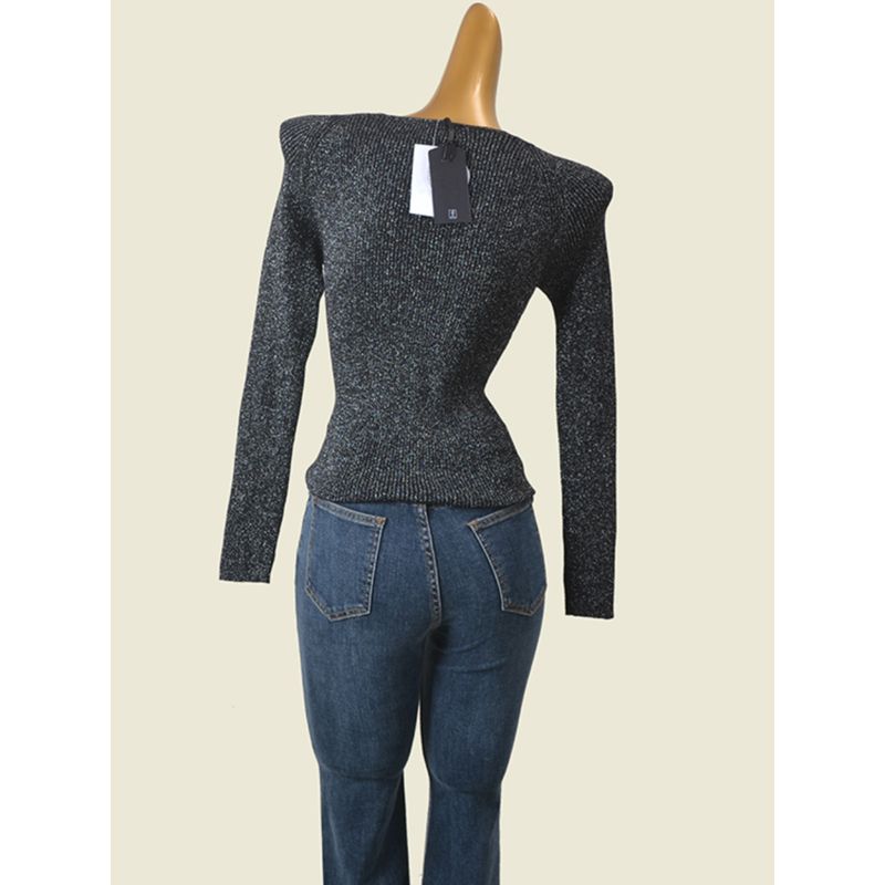 Single French Style V-neck Low-Cut Thread Knitting Bottoming Shirt Women's Spring New Arrival Gold and Silver Silk Slim Fit Slimming Long Sleeves