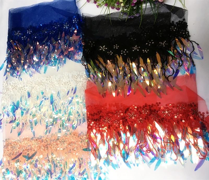 1 Yard Sequins Lace Sewing Garments Accessories DIY Fringe Mesh Tassel Embroidered Ribbon Sewing Craft for Dance Party