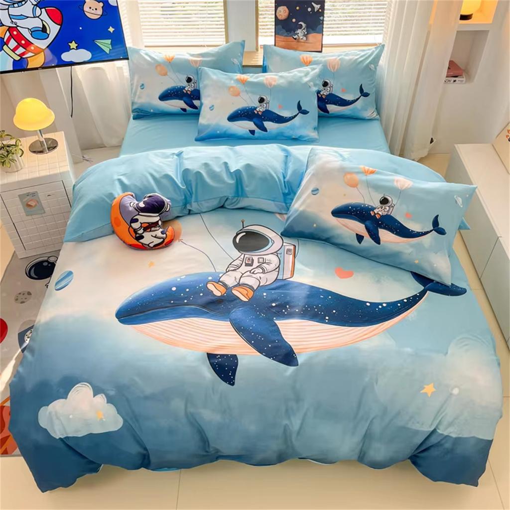 Cartoon Astronaut Duvet Cover Set 2Pcs, Queen Size Space Planet Printed Bedding Comforter Covers Set With Pillowcase 75*50Cm