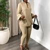 Plus Size Women's Autumn Fashion Solid Color V Neck Long Sleeve Top Pants Suit