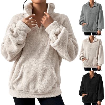 Sweatshirt For Women Half Zip  Pocket Drop Shoulder Teddy Sweatshirt Stand Collar Sweatshirts For Women
