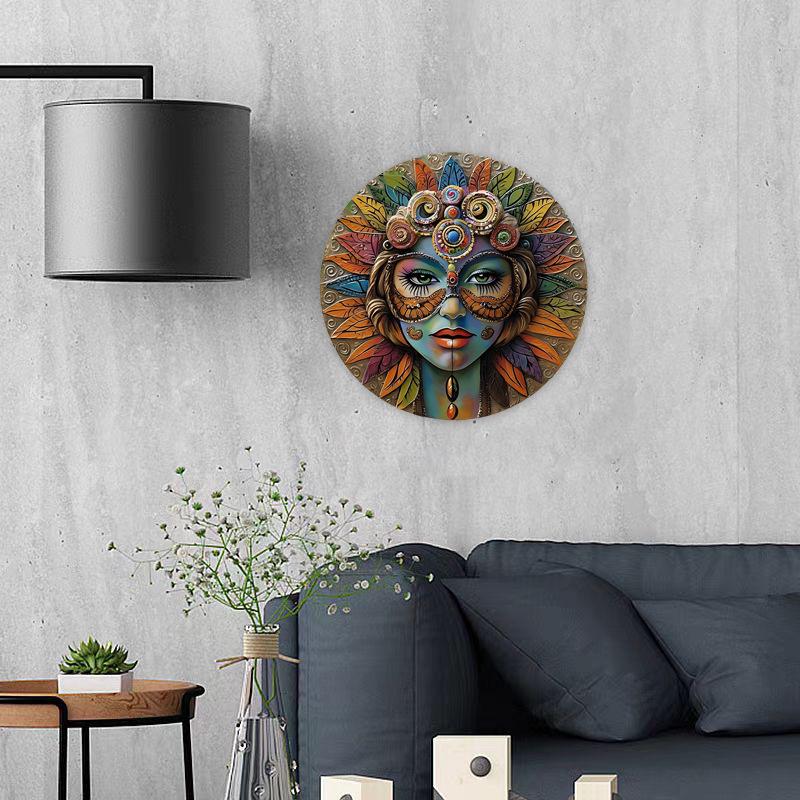Unique African Mask Circular Aluminum Sign Wall Decor Art Painting Wreath Suitable for Home Caf É Bar Office Party Decoratio