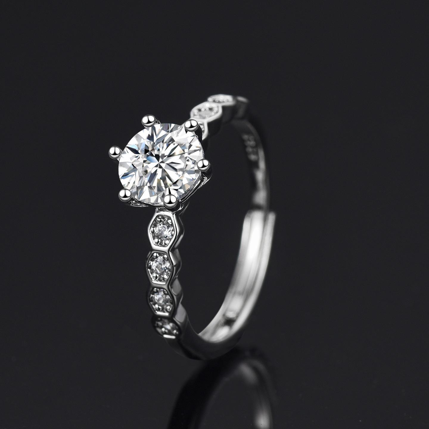 S925 Silver Six-Prong 1-Carat Ring with Honeycomb Paved Micro-Diamonds and Open Band Simulated Engagement Diamond for Women Adjustable Open Band