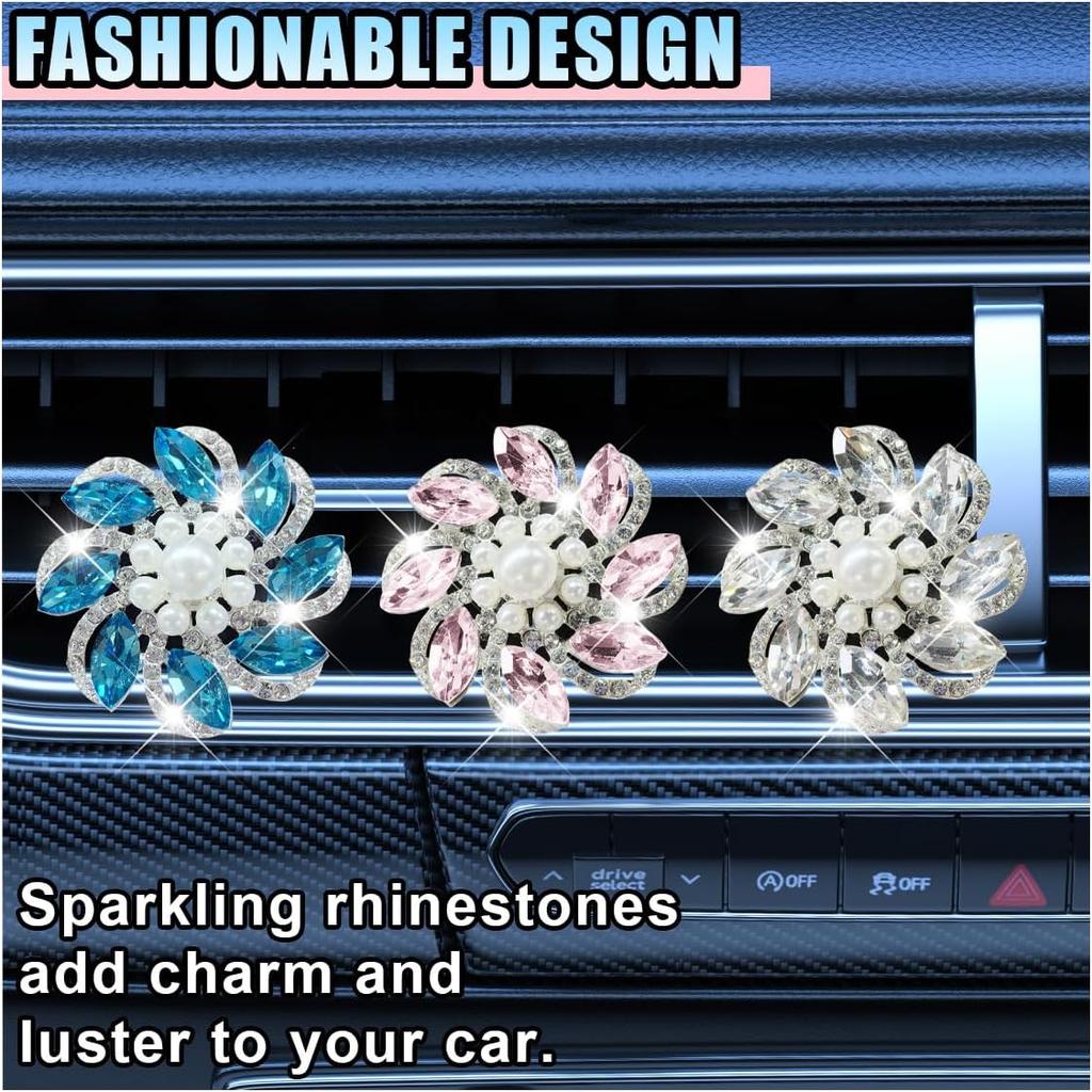 3PCS Bling Diamond Flower Car Air Vent Clips, Cute Crystal Rhinestone Interior Clip-On Air Conditioning Outlet Decoration, Car Vent Clip Charm for