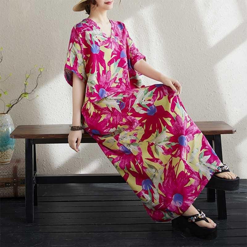 Real Summer New Cotton and Linen Printing V-neck Loose Large Size Simple Holiday Style Long Skirt Women's Beach Skirt Thick