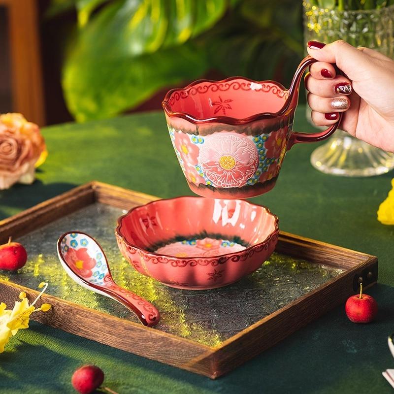 

Суповые миски с ручками, 3 шт. керамические тарелки и миски с чашкой, ложкой, тарелкой для супа и сэндвича, кружка из польской керамики для завтрака, перекусов, десерта розовый