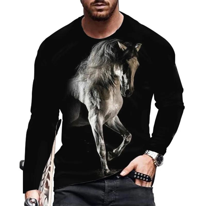 Essential 3D horse print long sleeve T-shirt, casual men's stylish top.