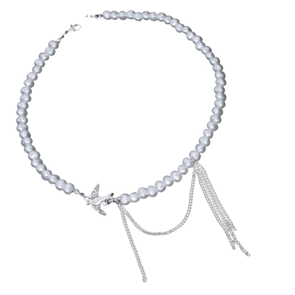 Elegant Swallow Pendant Necklace With Imitation Pearl Accent And Tassel Detail For Women Fashion Neck Jewelry