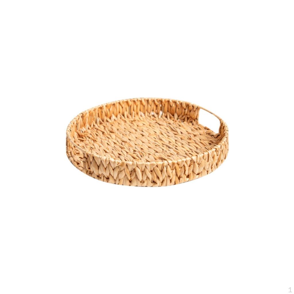 Straw Tray with Handles Woven Basket LowProfile for Coffee Table, Kitchen Counter