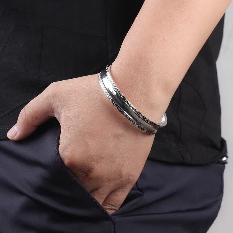 silver 925 Circular texture bracelet for men and women vintage couple style solid opening engraved small flower bangles jewelry