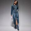 Abito Maxi in Denim da Donna Manica Lunga Collo a Rever Chiusura con Bottoni Spacco Laterale Vita Cinciuta Casual Bodycon Abito Jeans