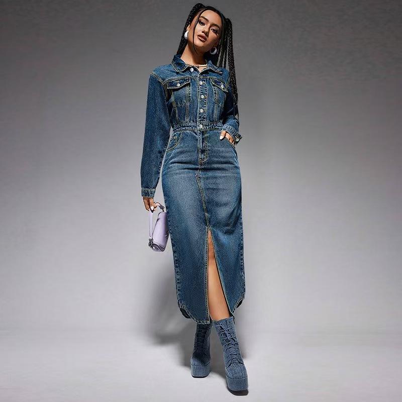 Abito Maxi in Denim da Donna Manica Lunga Collo a Rever Chiusura con Bottoni Spacco Laterale Vita Cinciuta Casual Bodycon Abito Jeans
