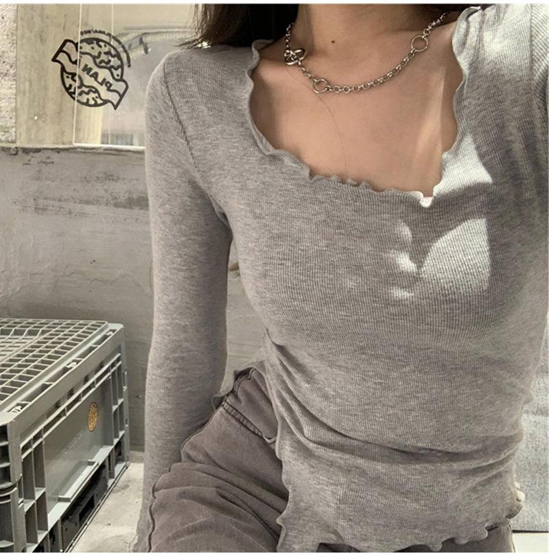 Korean Style Ruffle Irregular Slim Fit Long Sleeve Women's Top for Autumn