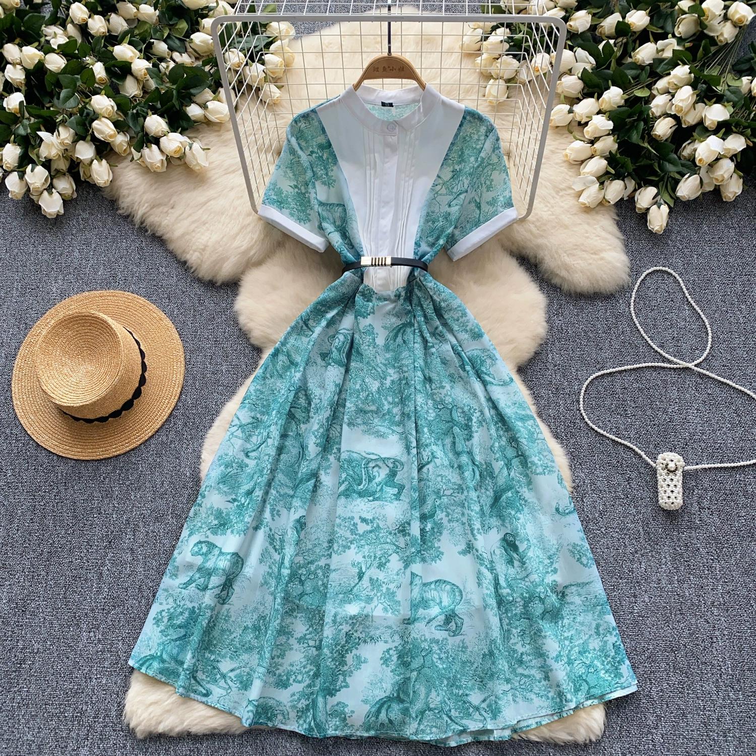 

Літні жіночі брендові дизайнерські сукні з принтом у стилі Печворк, вечірні сукні з короткими рукавами та поясом 2XL зелений