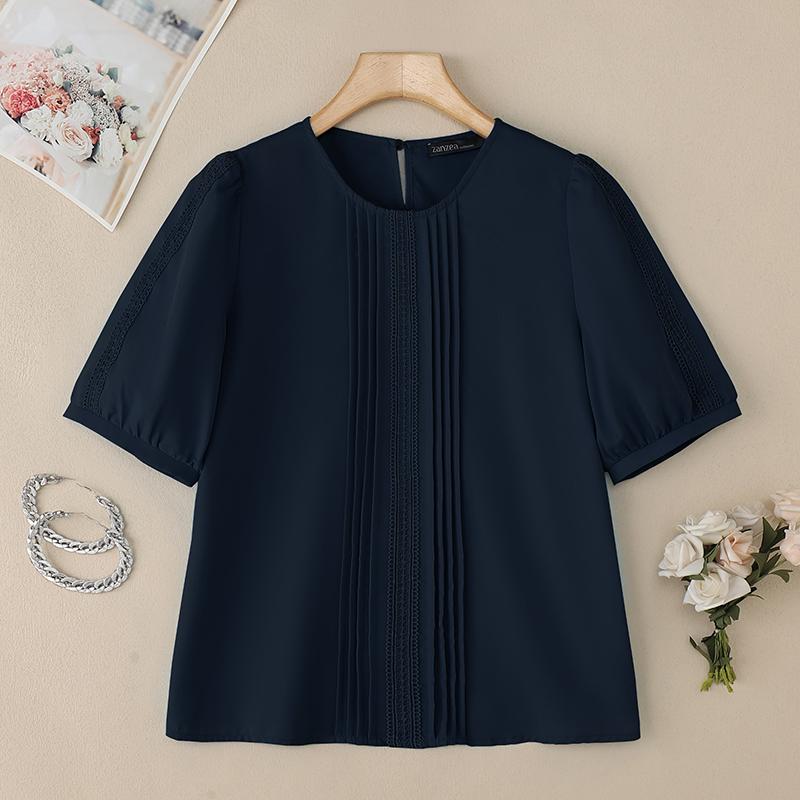 ZANZEA Damen Sommer Rundhals Kurzarm Freizeitbluse
