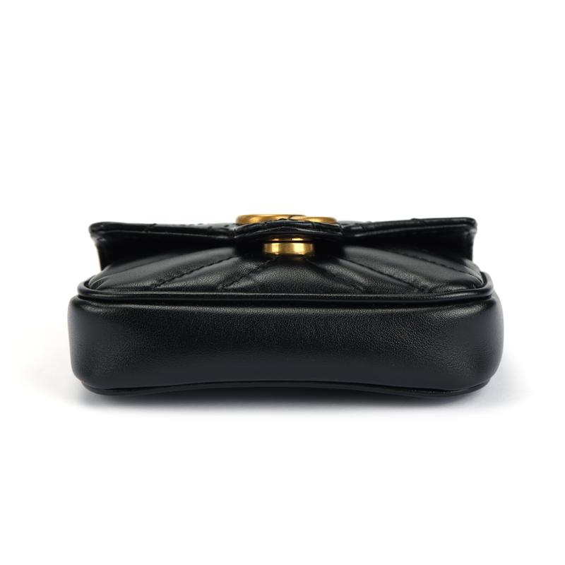 Gucci GG Marmont Distressed Gold Logo Chain Shoulder Strap Quilted Leather Coin Purse Handbag Super Mini Women's Black