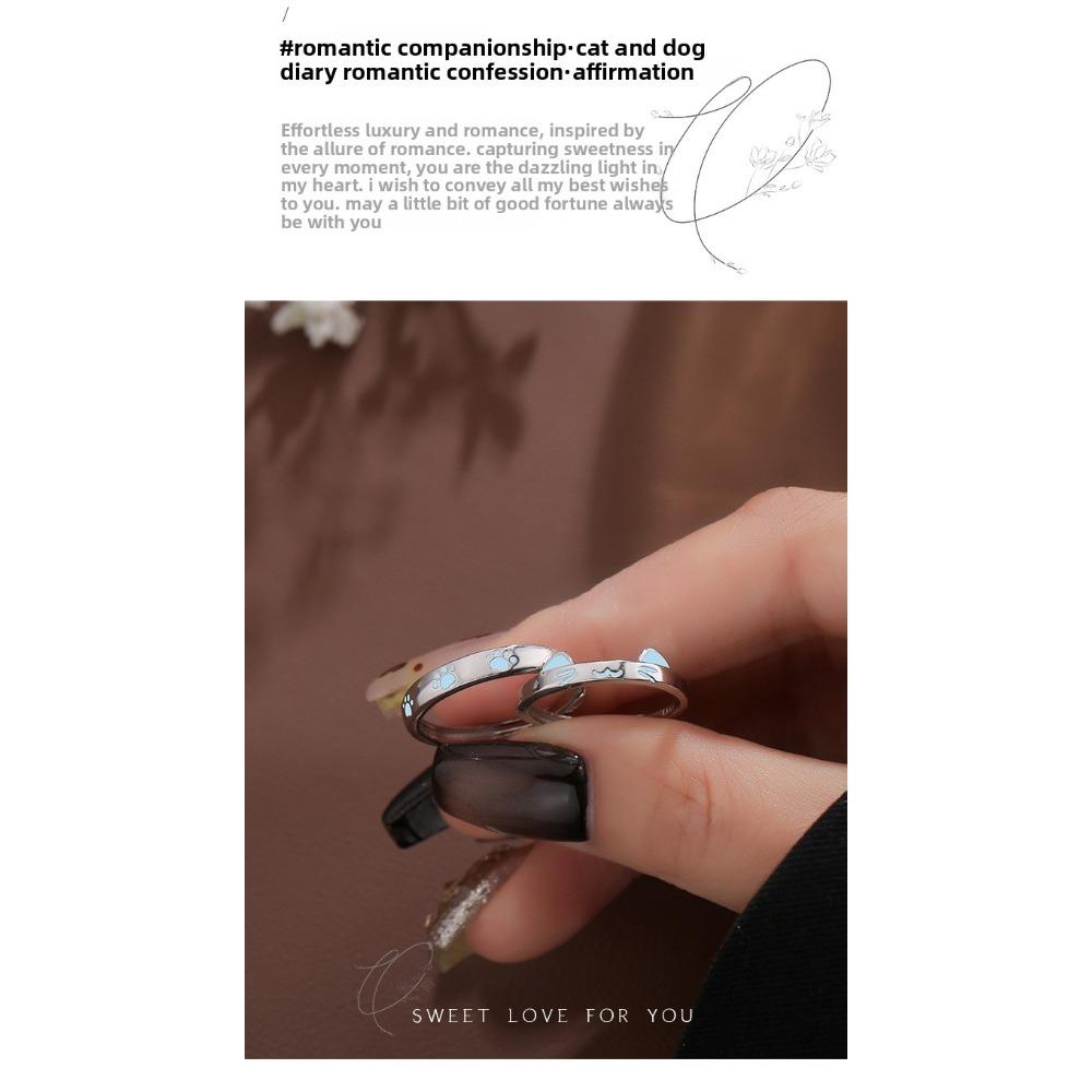 Luminous Cat and Dog Couple Ring Niche Design Simple Cartoon Plain Ring Pair Ring Opening Refers To Valentine's Day Gift