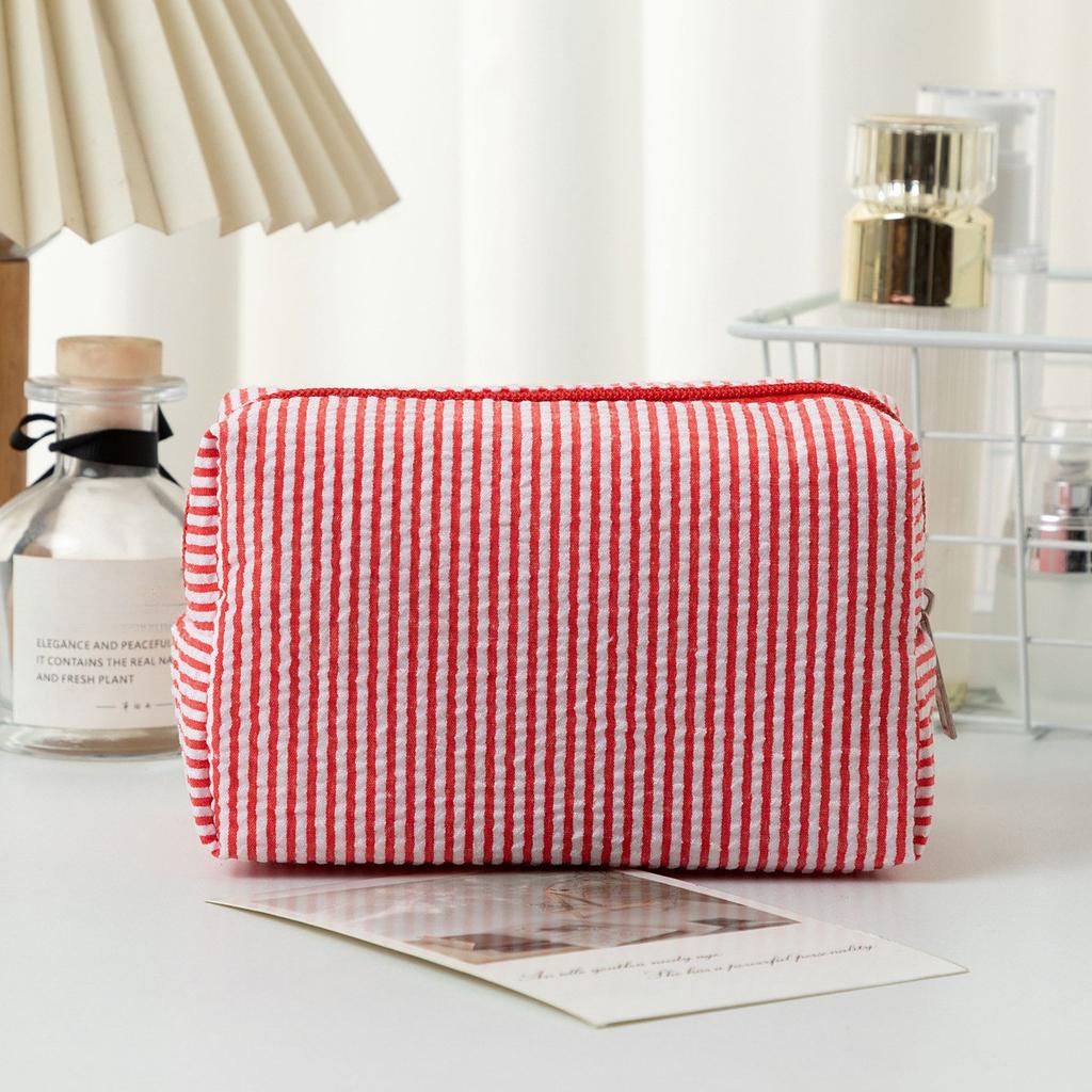 Stripe Seersucker Cosmetic Bag Fashion Women Cosmetic Bag Zipper Storage Makeup Case Travelling Pouch Organizer for Lady