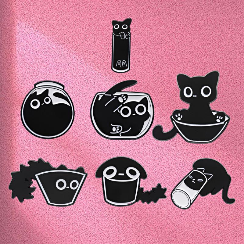 1Pc Cat Brooch Jewelry Gifts Cartoon Animal Lapel Pins Bag Accessories Clothing Decor Cute Badges Black Kitten