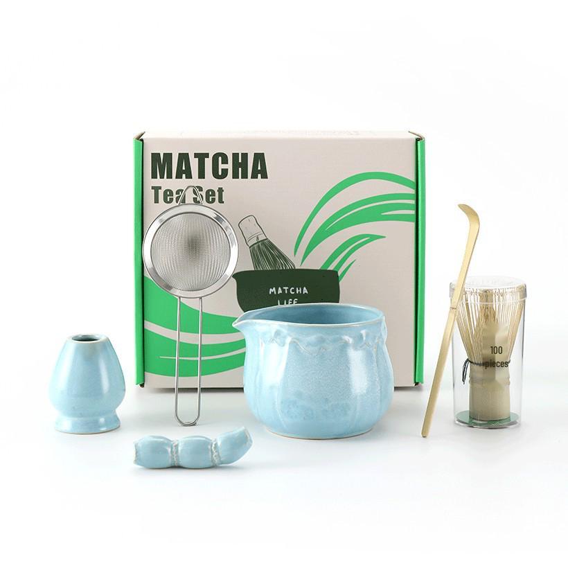 Ceramic Japanese Matcha Tea Ceremony Set with Hundred-Pronged Whisk, Holder, and Brush