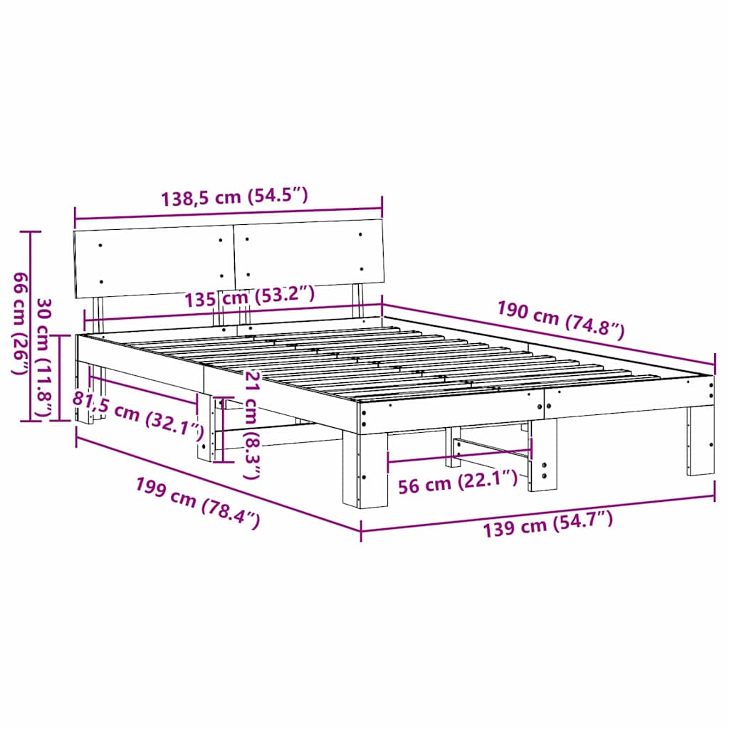 Bed Frame with Headboard Natural Finish 135 X 190 Cm Solid Pine Wood