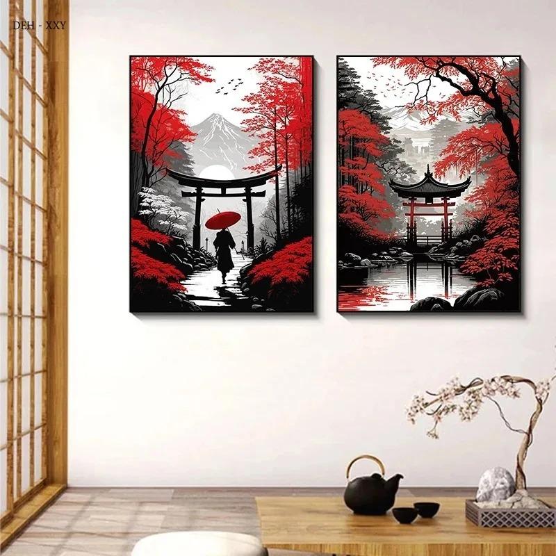 Leinwandmalerei Japanische Naturlandschaft Berg Tempel Leinwandposter Vintage Schwarz Rote Tuschekunst Wandkunst Drucke Heimdekor