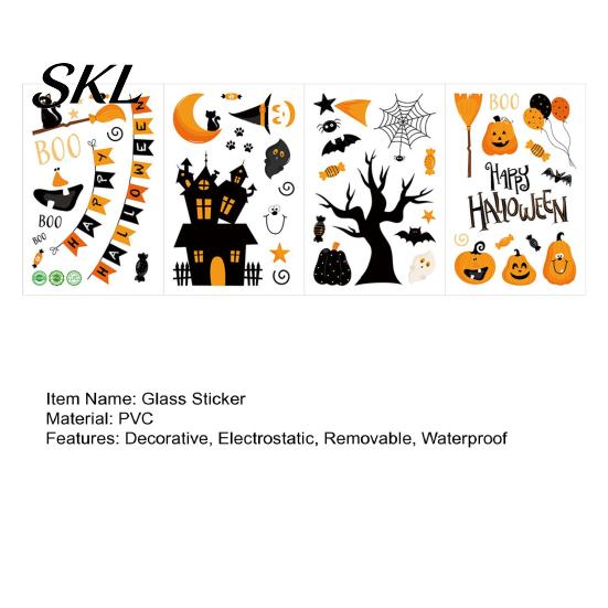 Bright Color Halloween Decals 4 Sheets Electrostatic Glass Stickers, Cartoon Pumpkins Castle Bats Window Stickers PVC Waterproof Static Clings
