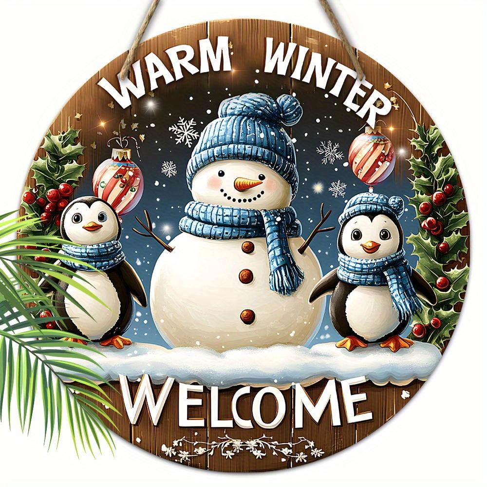 Cute Winter Wonderland Wooden Christmas Sign with Snowman & Penguin Pattern - Navidad Sign for Front Door Wall Hanging Decor - Ideal Christmas Gift