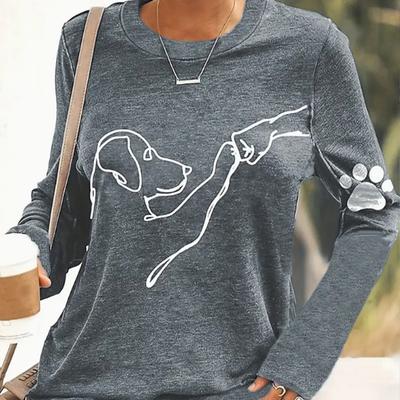 Oberteile für Damen mit Aufdruck „Mensch-Hund-Beziehung“ und Rundhalsausschnitt, langärmeliges T-Shirt für den Herbst, lässiger, schmaler Pullover, langärmeliges Damenoberteil