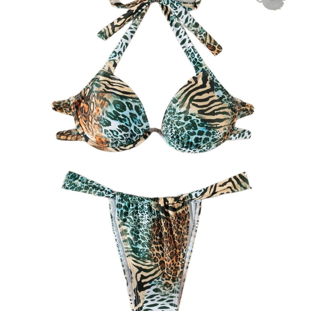 Europe And The United States Export Printed Bikini Swimsuit Steel Tray Sexy Split Triangle Backless Beach Vacation Swimsuit