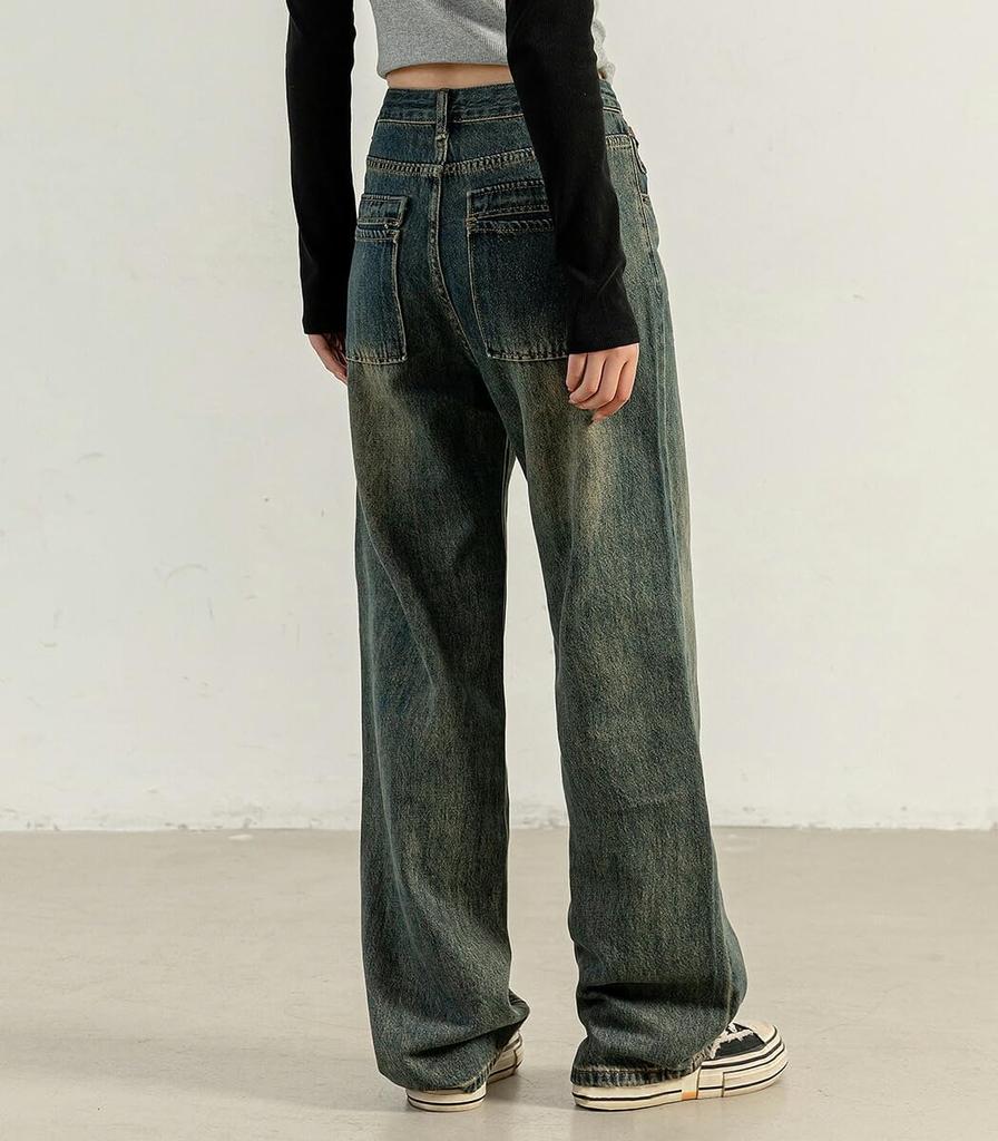 DAYCLOSET Denim Straight Medium Size Blue Women's Korean-Style Wide-Leg Pants, Fit, Vintage-Finish, Thickness, Spring, Autumn, Winter, Pants566, M,