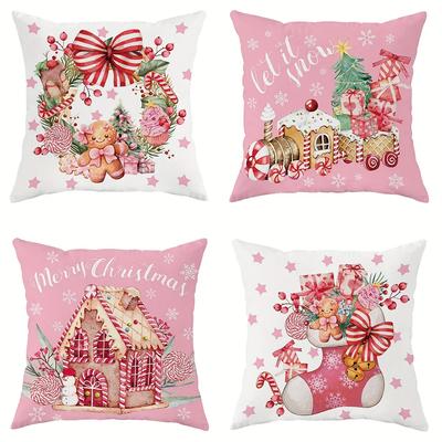 Christmas Decoration Pillow Cover Christmas Gingerbread Man Candy Hut Train Pattern Sofa Cushion Cover Home Decoration