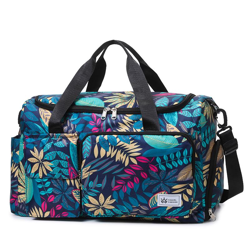 Oxford Fabric Travel Duffel Bag with Leaf Print Multiple Pockets Waterproof Gym Weekender Bag