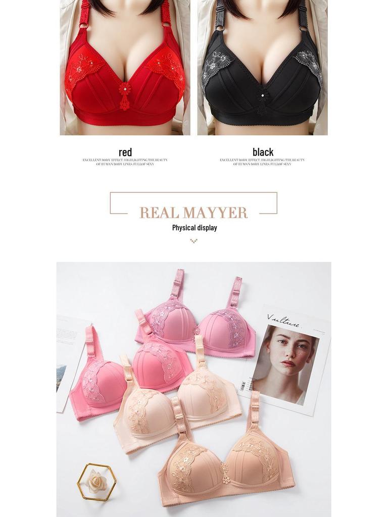 Shantou Women's Wire-Free Red Bra: Thin, Plus Size, Middle-Aged & Elderly, Adjustable, Side Support for Underarm Fat.