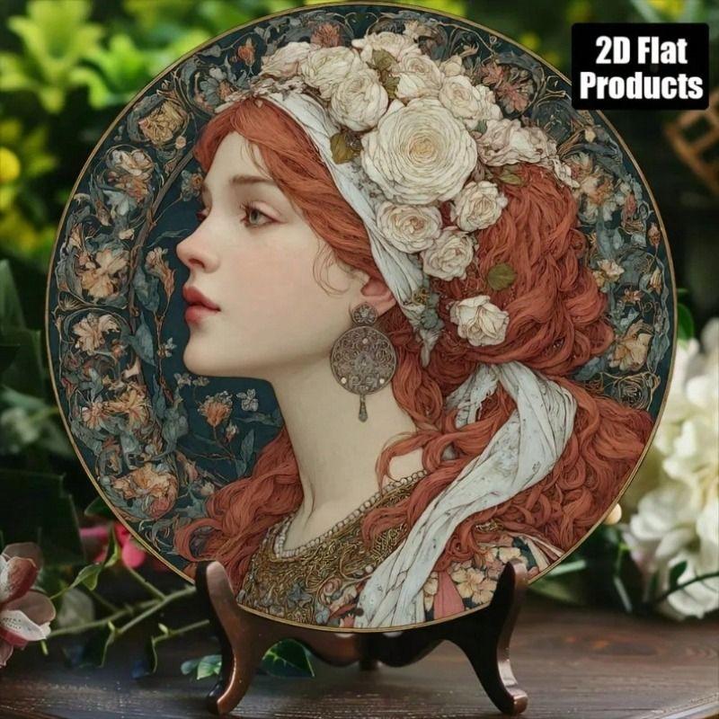Retro Girl Flower Round Metal Poster 8x8 Inch Wall Art for Living Room