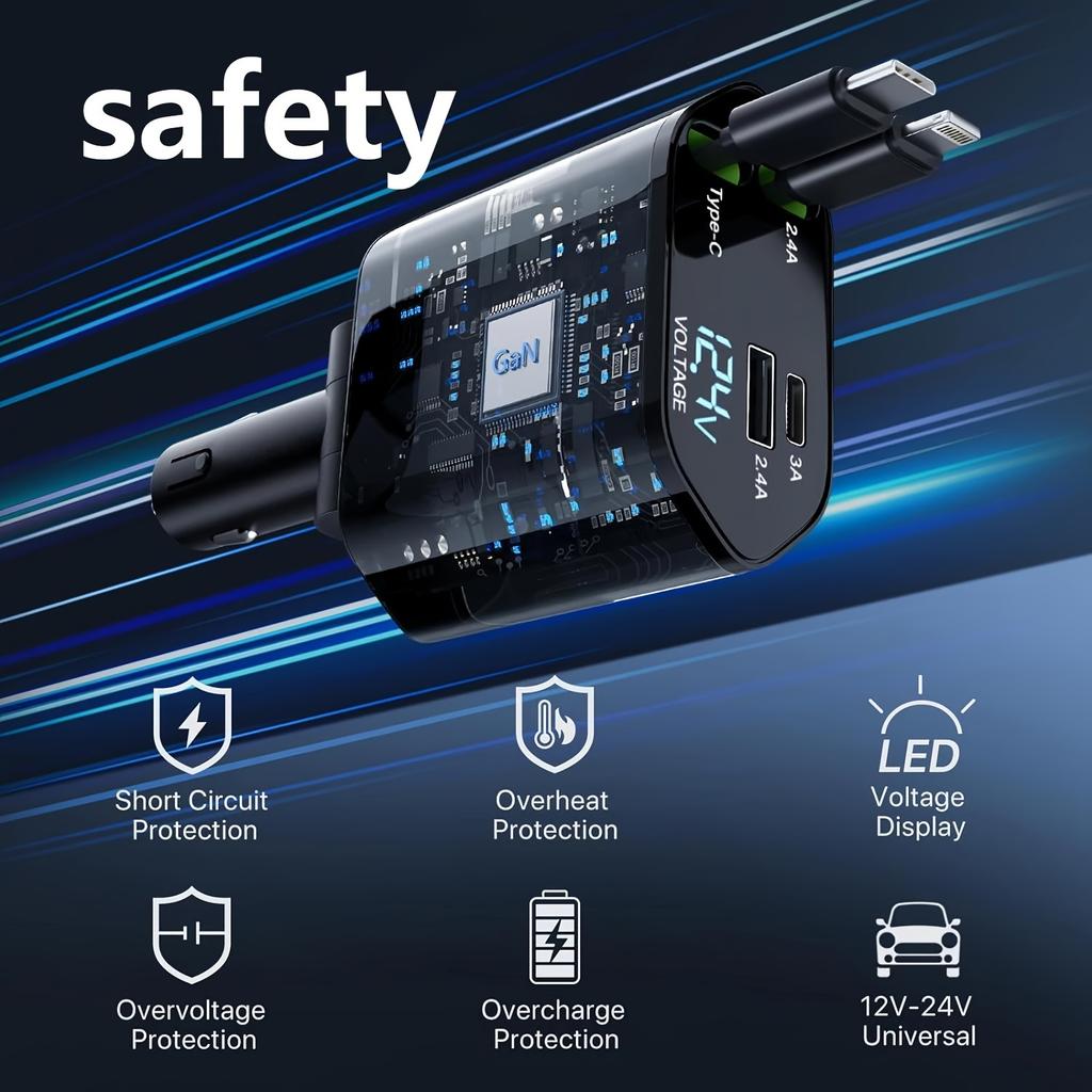 Fast Charging USB C Car Charger, 4-in-1 Retractable Phone,Travel Essentials, Gifts for Women Men, Car Accessories for Women Men, for iPhone13-17