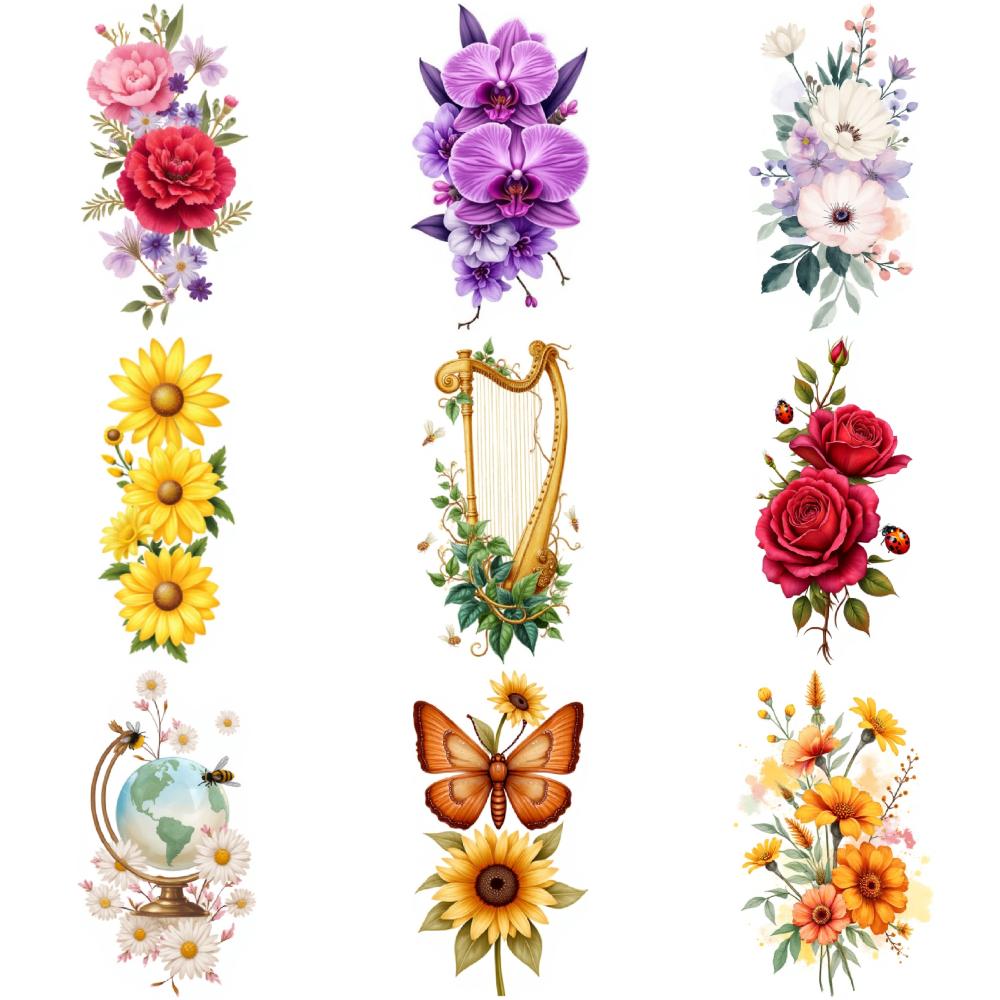 9 peças de Tatuagem Temporária Adesivos de Tatuagem Temporária Lírios Dálias Flores de Cerejeira Para Coxas Braços Masculinos