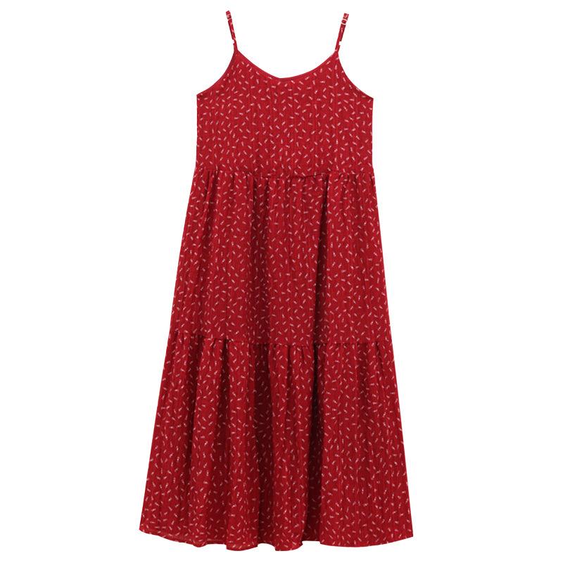 Retro floral red suspender dress women's spring new waist A word thin French temperament long dress