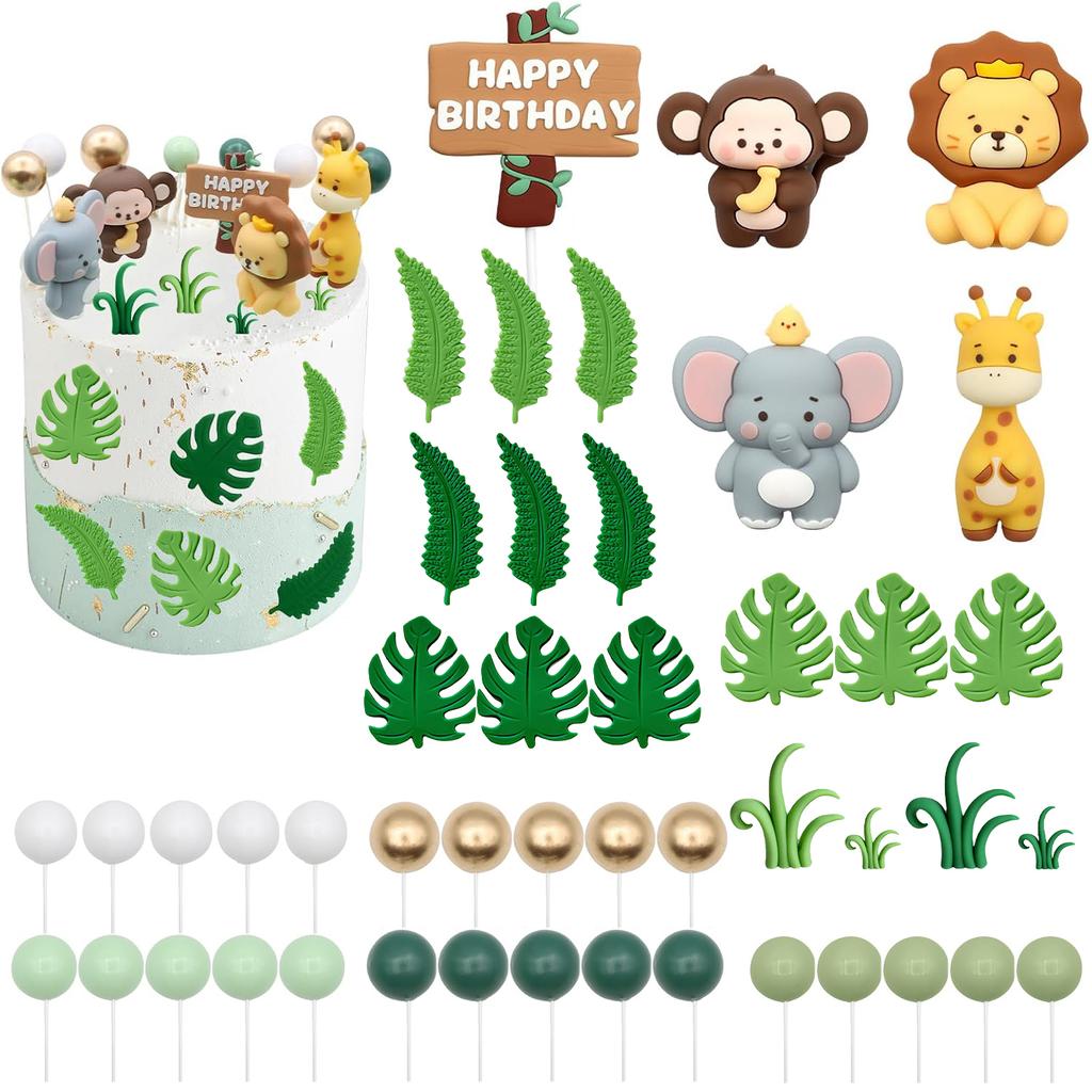 Safari Animal Cake Topper - Jungle Wild Cake Toppers with Monkey Lion Elephant Giraffe and Leaves Balls Cake Decorations