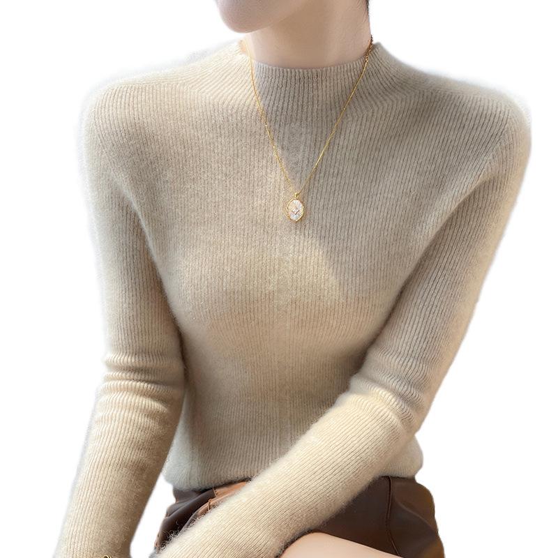 Women's Slim-Fit Wool Sweater - Autumn/Winter, Versatile Cashmere Knit, Half-High Collar