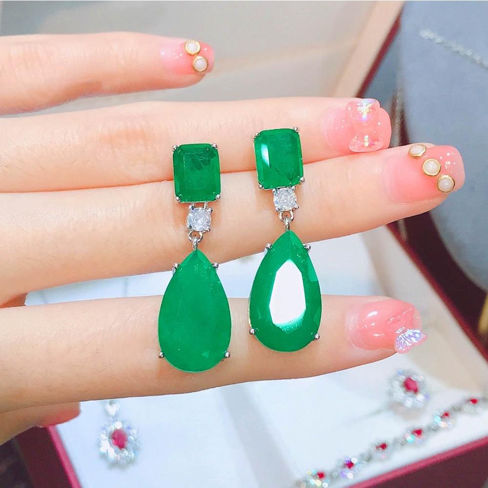 Vintage Large Drop Earrings Simulated Emerald Dangle Earrings Blue Paraiba Jewelry for Women