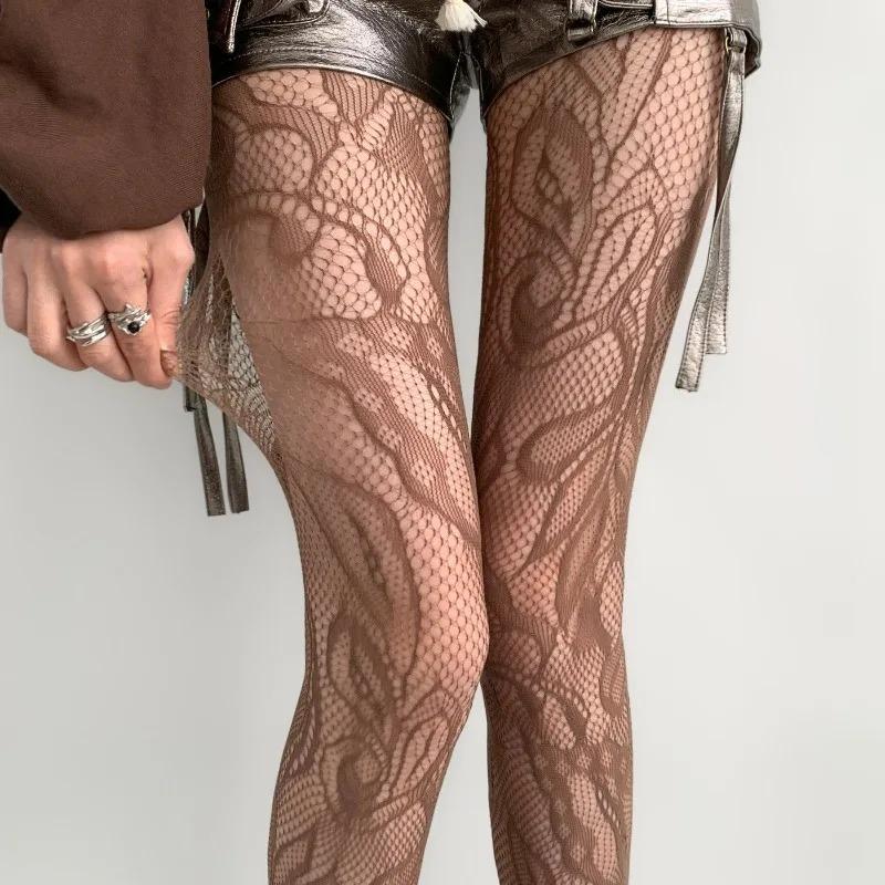Y2K Millennium Hot Girl Vintage Floral Lace Pantyhose Sexy Hollow Out Mesh Stockings Slim Fit Sheer Tights for Women Girls