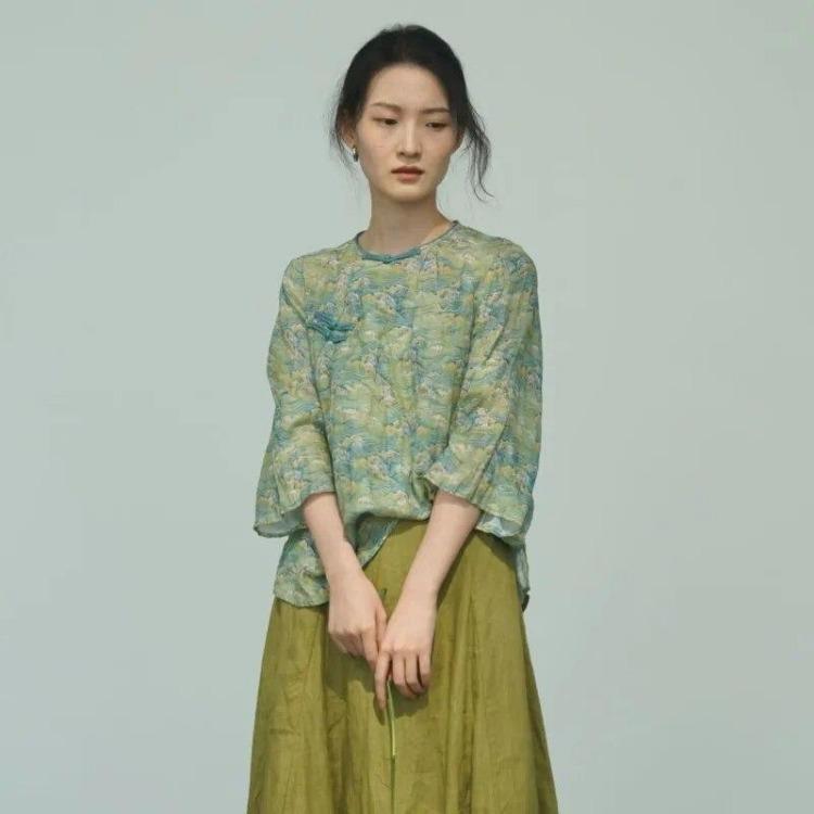 Vintage Floral Print Women T Shirts Chinese Style Loose Button Seven Sleeve Spring Tops